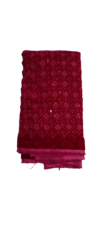 Pink Velvet Fabric with Tone-to-Tone Thread Checks & Sequin Work