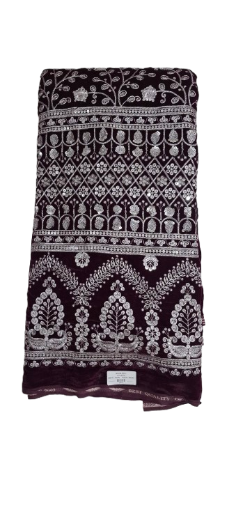 Wine Velvet Fabric with Silver Zari & Sequins Work – 44 Inch Length