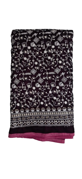 Wine Velvet Fabric with Elegant White Embroidery Work