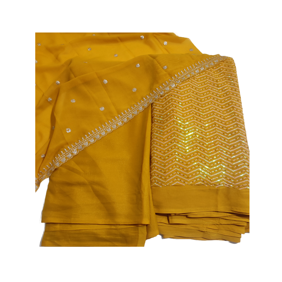 Yellow Star Georgette Full Suit Set with Piping Work (2.5m Top | 2.5m Bottom | 2.5m Dupatta)