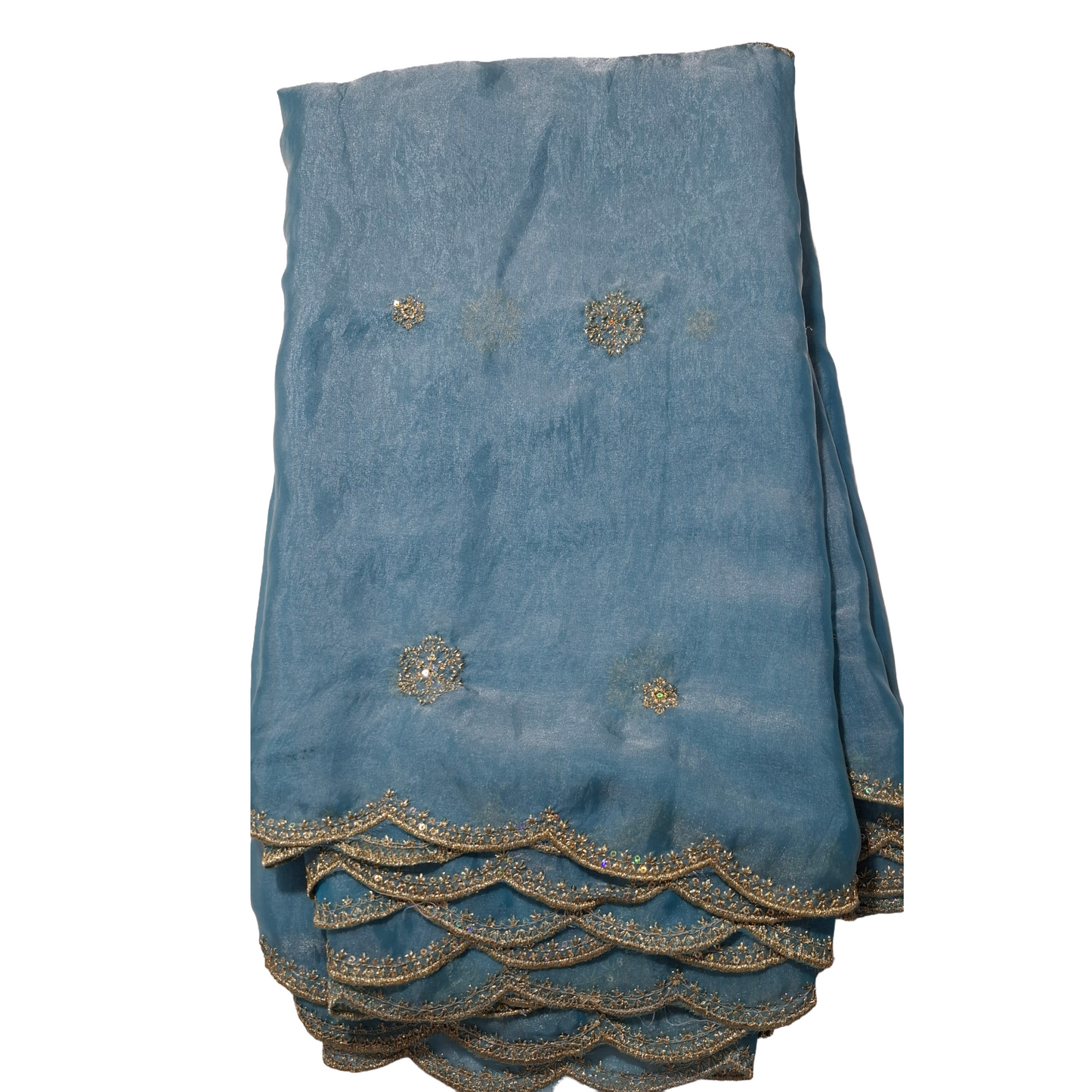 Sky Blue Fandy Fabric with Elegant Gold Buta Work