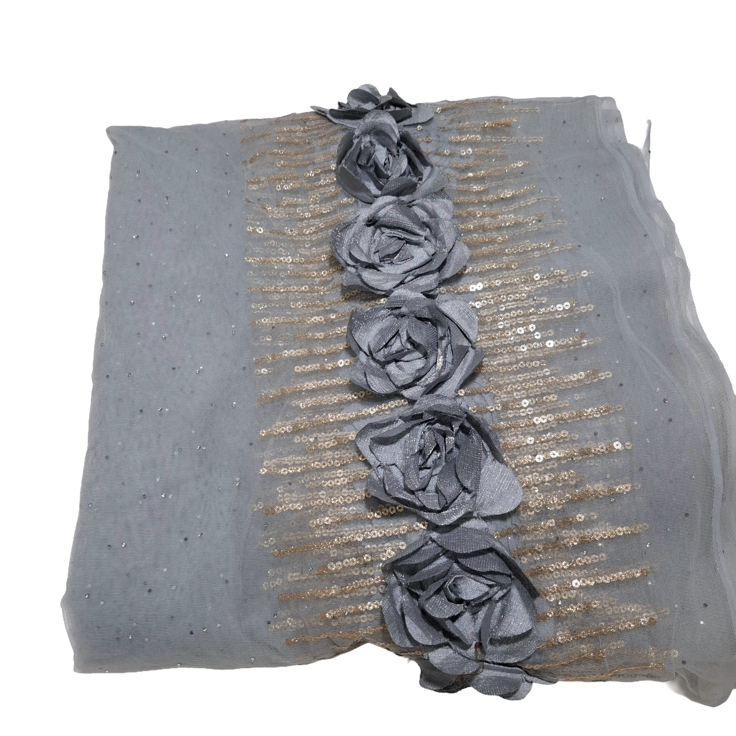 Grey Net Fabric with Stone Work & Floral Lace Border | Party Wear Fabric