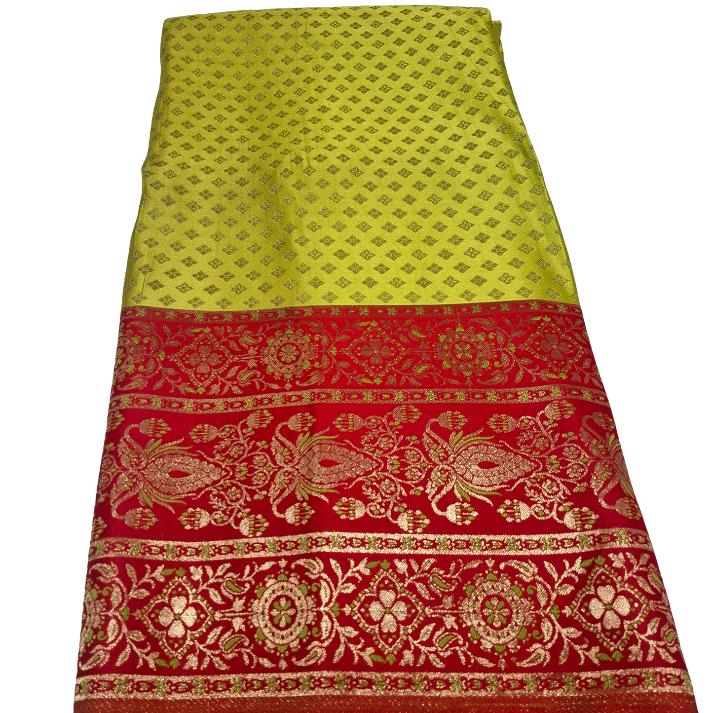 Parrot Green Banarasi Fabric with Red Border | Premium Banarasi Silk