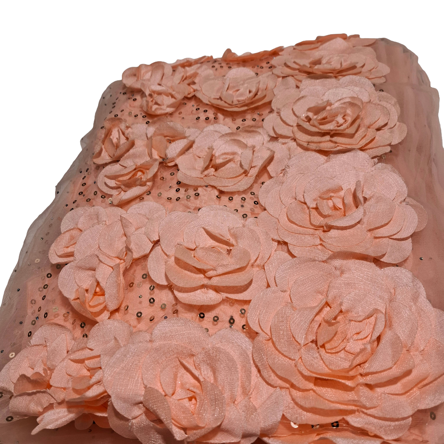 Peach Net Fabric with Stone Work & Floral Lace Border | Party Wear Fabric