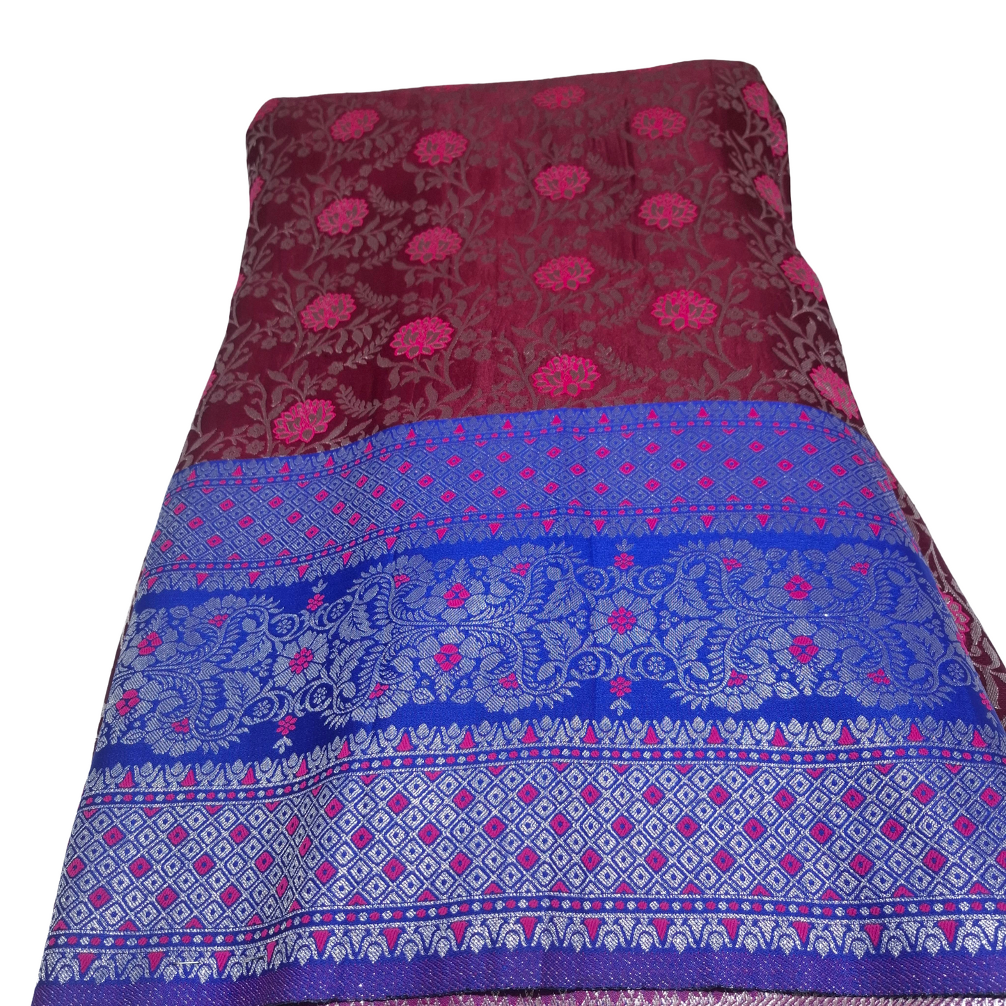 Wine Color Banarasi Fabric with Royal Blue Border | Premium Banarasi Silk