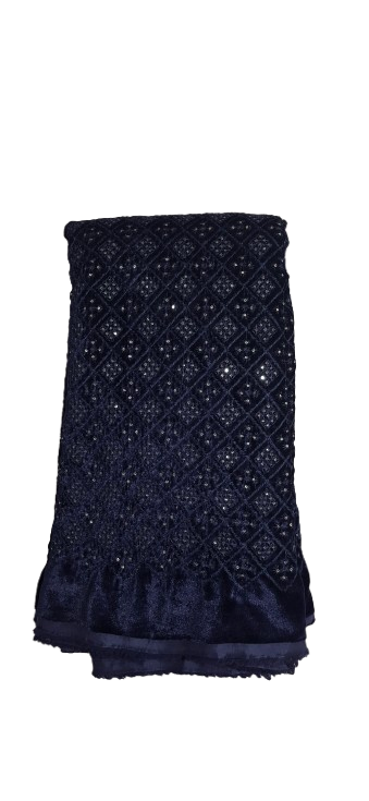 Kerosene Blue Velvet Fabric with Tone-to-Tone Thread Checks & Sequin Work