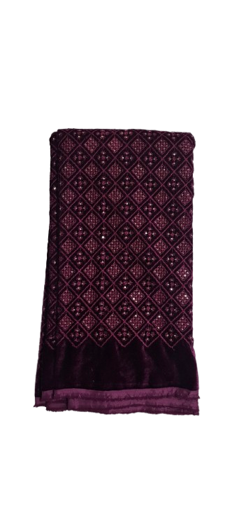 Wine Velvet Fabric with Tone-to-Tone Thread Checks & Sequin Work