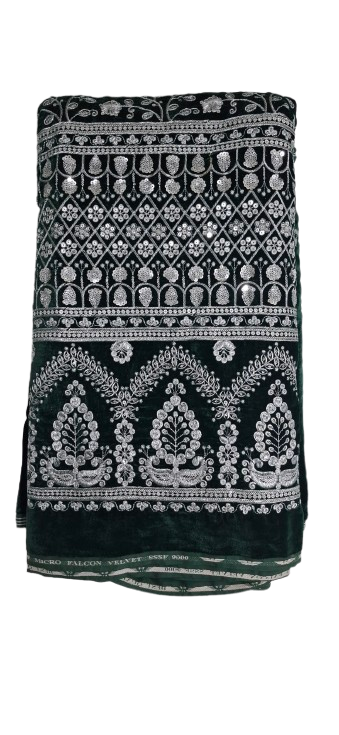 Bottle Green Velvet Fabric with Silver Zari & Sequin Daman Work