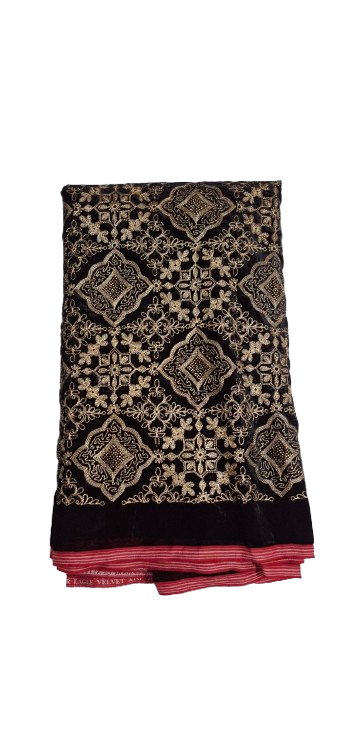 Dark Maroon Velvet Fabric with Heavy Gold Embroidery & Stone Work