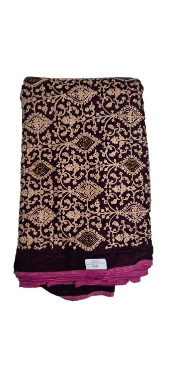 Wine Velvet Fabric with Heavy Gold Embroidery & Stone Work