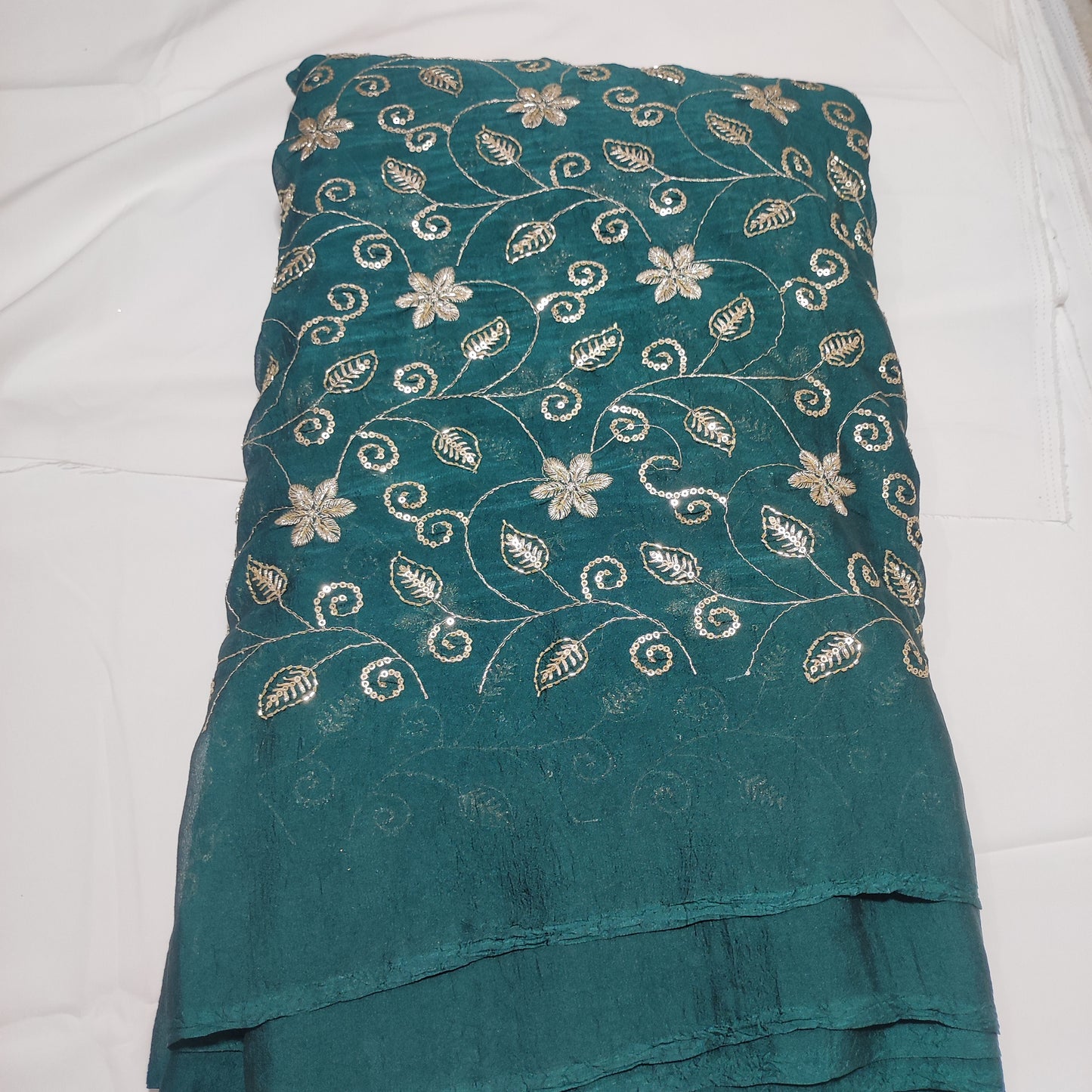 Teal blue Colour Rangoli Crush Fabric – Heavy Embroidery Floral Design – 44 Inch Width