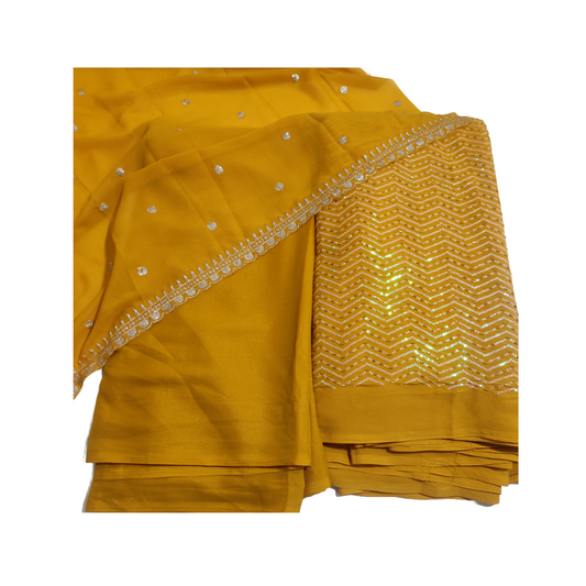 Yellow Star Georgette Full Suit Set with Piping Work (2.5m Top | 2.5m Bottom | 2.5m Dupatta)