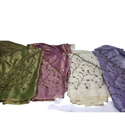 Premium Embroidered N C Simar  Fabric | Light Pastel Cream with Sequins Floral Work