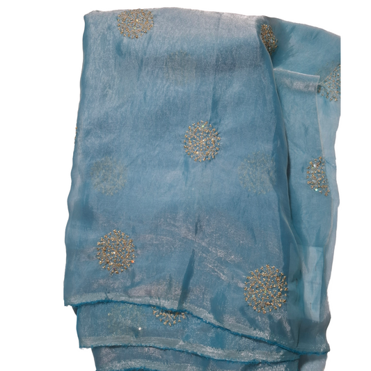 Sky Blue Fandy Fabric with Elegant Gold Buta Work