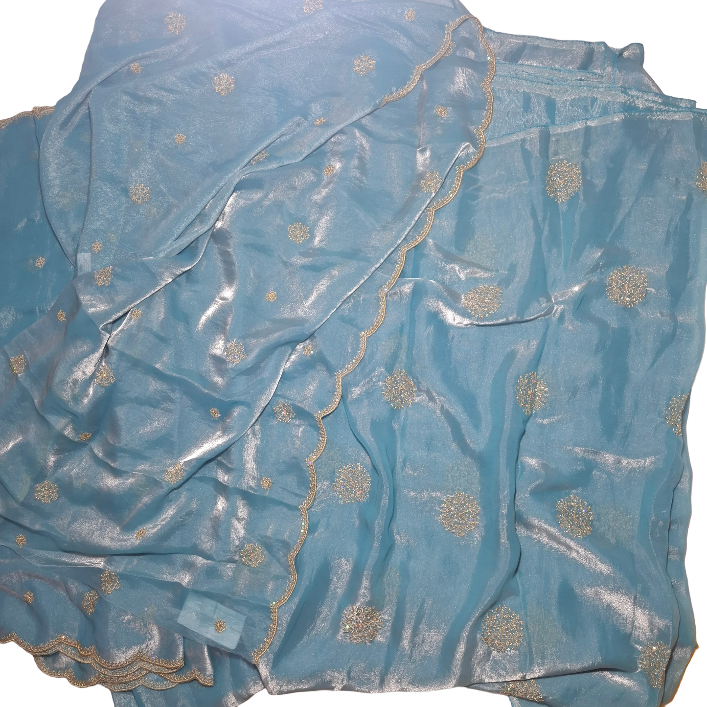 Sky Blue Fandy Fabric Set with Gold Buti Work – 7.5 Meter (5m Fabric + 2.5m Dupatta)