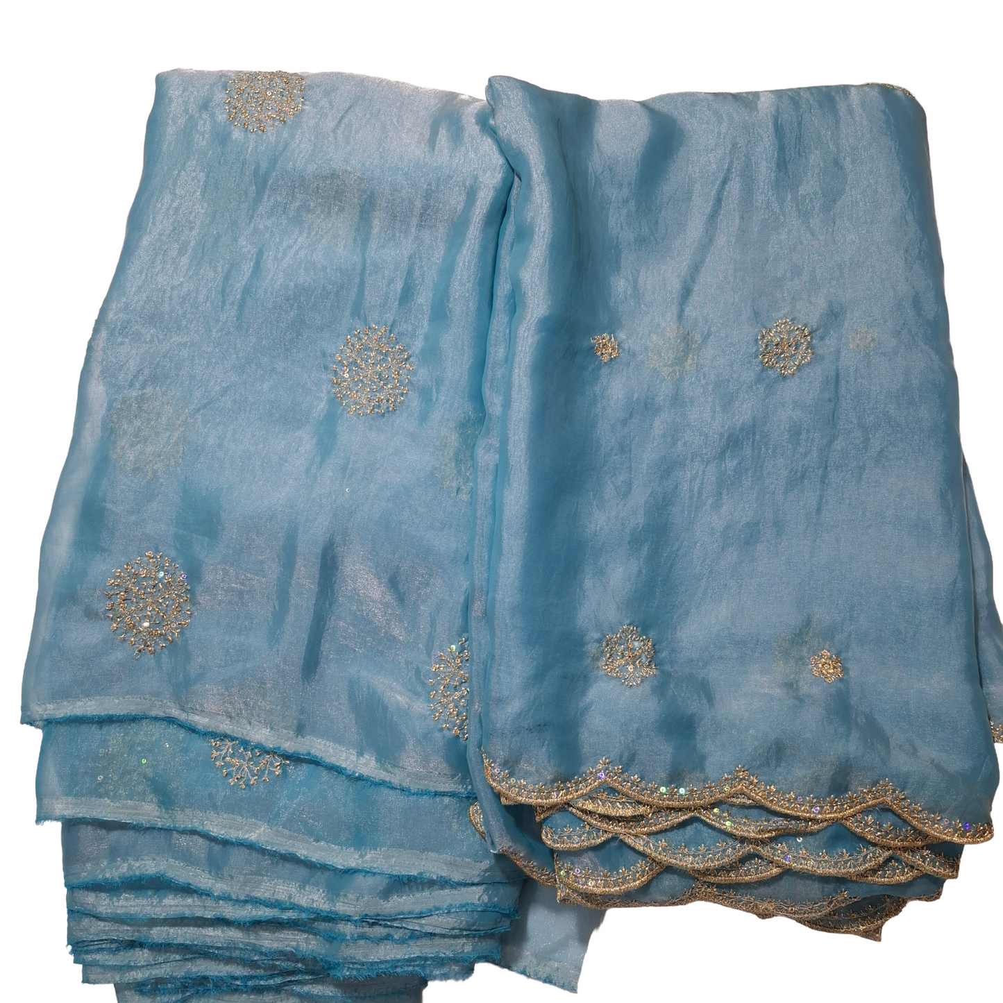 Sky Blue Fandy Fabric Set with Gold Buti Work – 7.5 Meter (5m Fabric + 2.5m Dupatta)