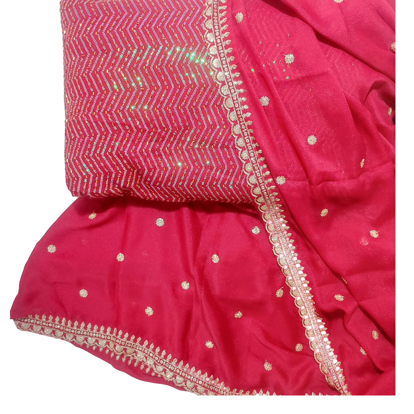Rani Pink Georgette 3 Piece Suit – Zig Zag Top with Matching Bottom & Dupatta