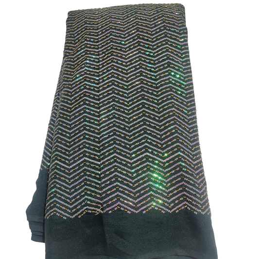 Bottle Green Star Georgette Fabric – Premium Shine & Zig-Zag Design