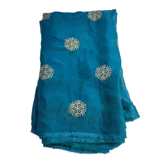 Peacock Blue fandy Fabric with Golden Embroidery Butti