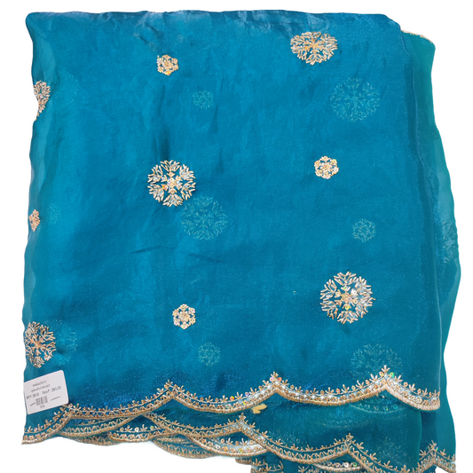 Peacock Blue Fandy Fabric with Both-Side Golden Border – Perfect for Dupatta Making