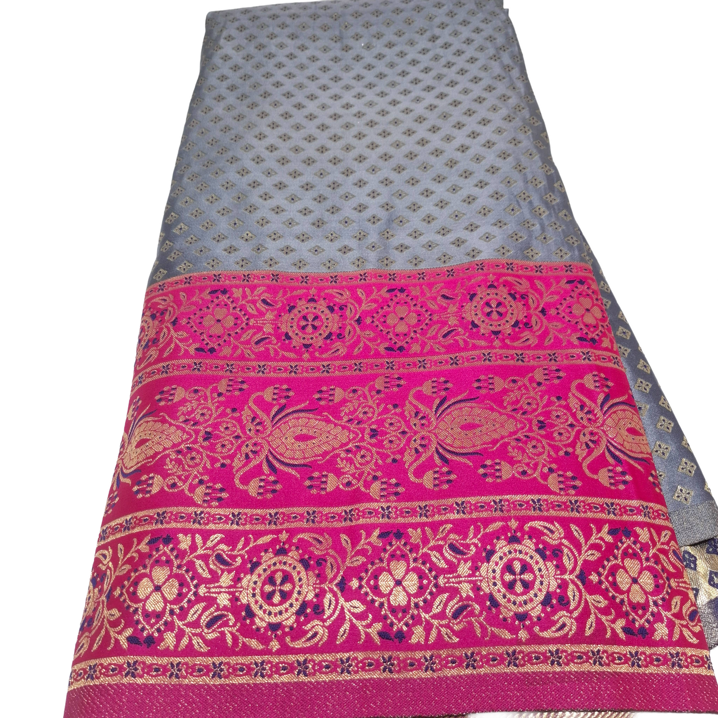 Grey Banarasi Fabric with Pink Border | Premium Banarasi Silk