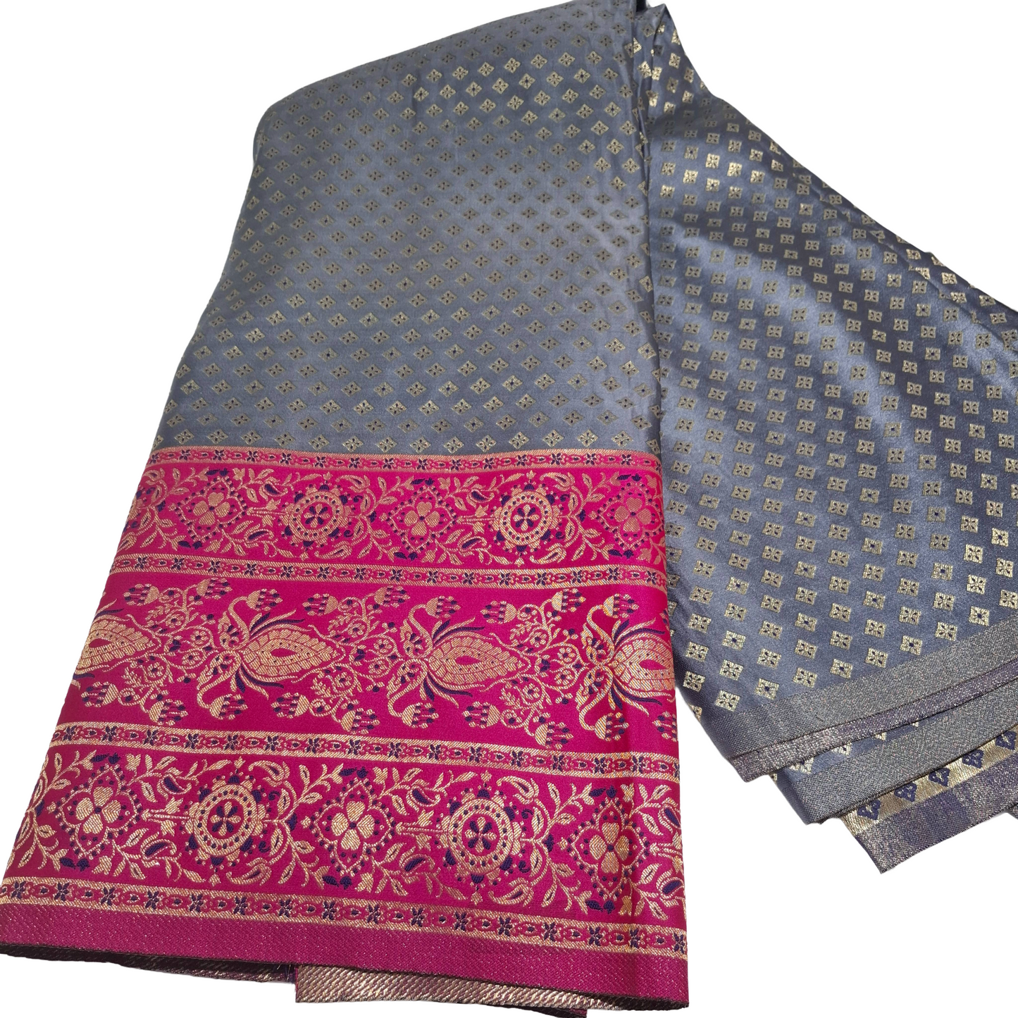 Grey Banarasi Fabric with Pink Border | Premium Banarasi Silk