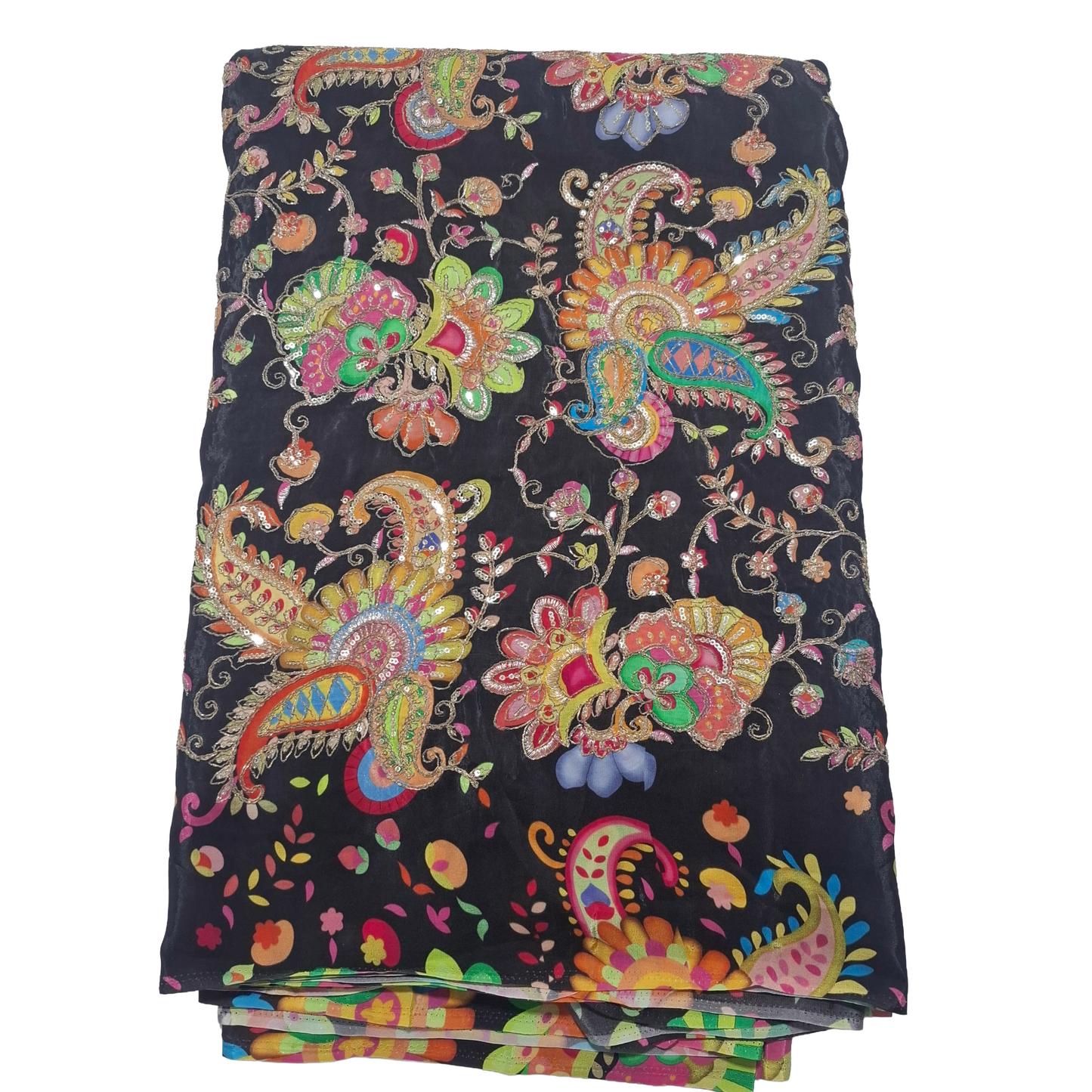 Pure Natural Crepe Fabric – Black Base with Multicolor Embroidery & Sequence Work