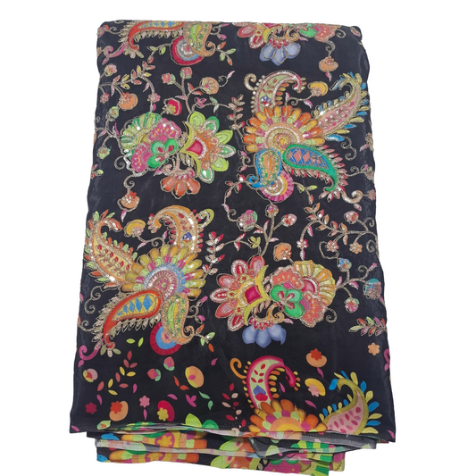Pure Natural Crepe Fabric – Black Base with Multicolor Embroidery & Sequence Work
