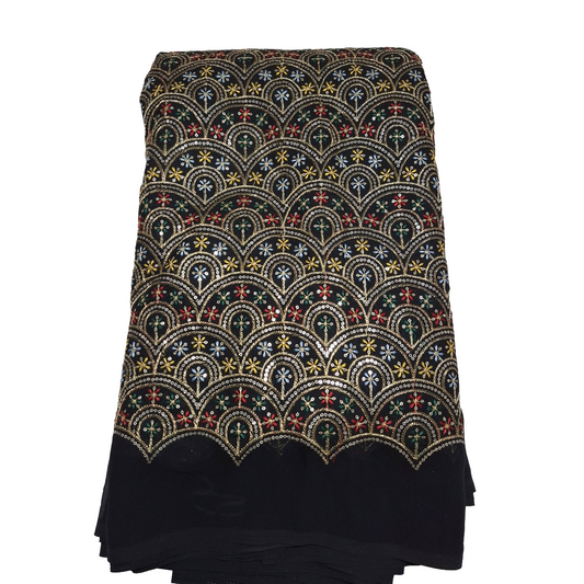 Designer Black Georgette Fabric | Multicolour Sequence & Thread Work