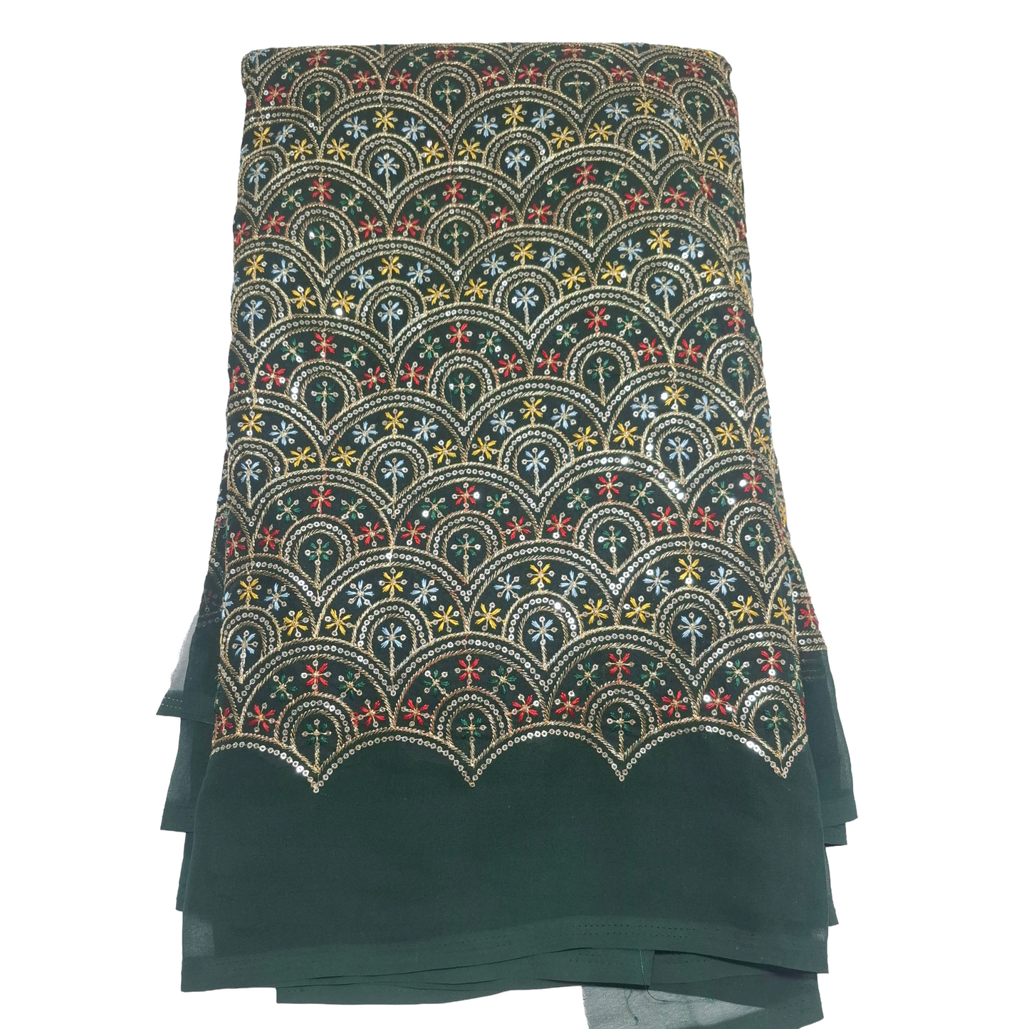 Designer bottle green Georgette Fabric | Multicolour Sequence & Thread Work