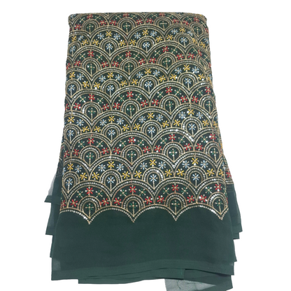 Designer bottle green Georgette Fabric | Multicolour Sequence & Thread Work