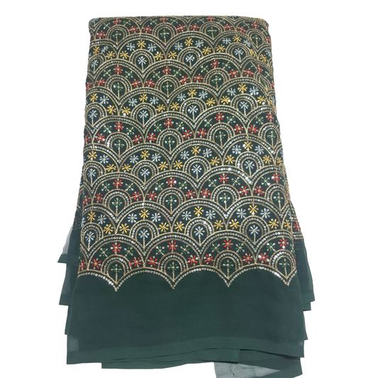 Designer bottle green Georgette Fabric | Multicolour Sequence & Thread Work