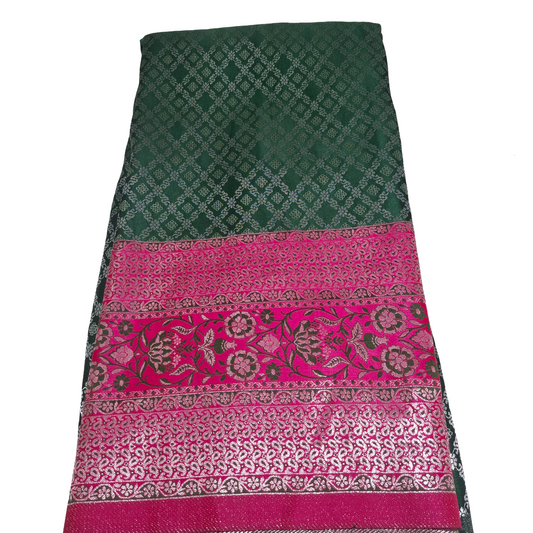 Bottle Green Banarasi Fabric with Pink Border | Premium Banarasi Silk