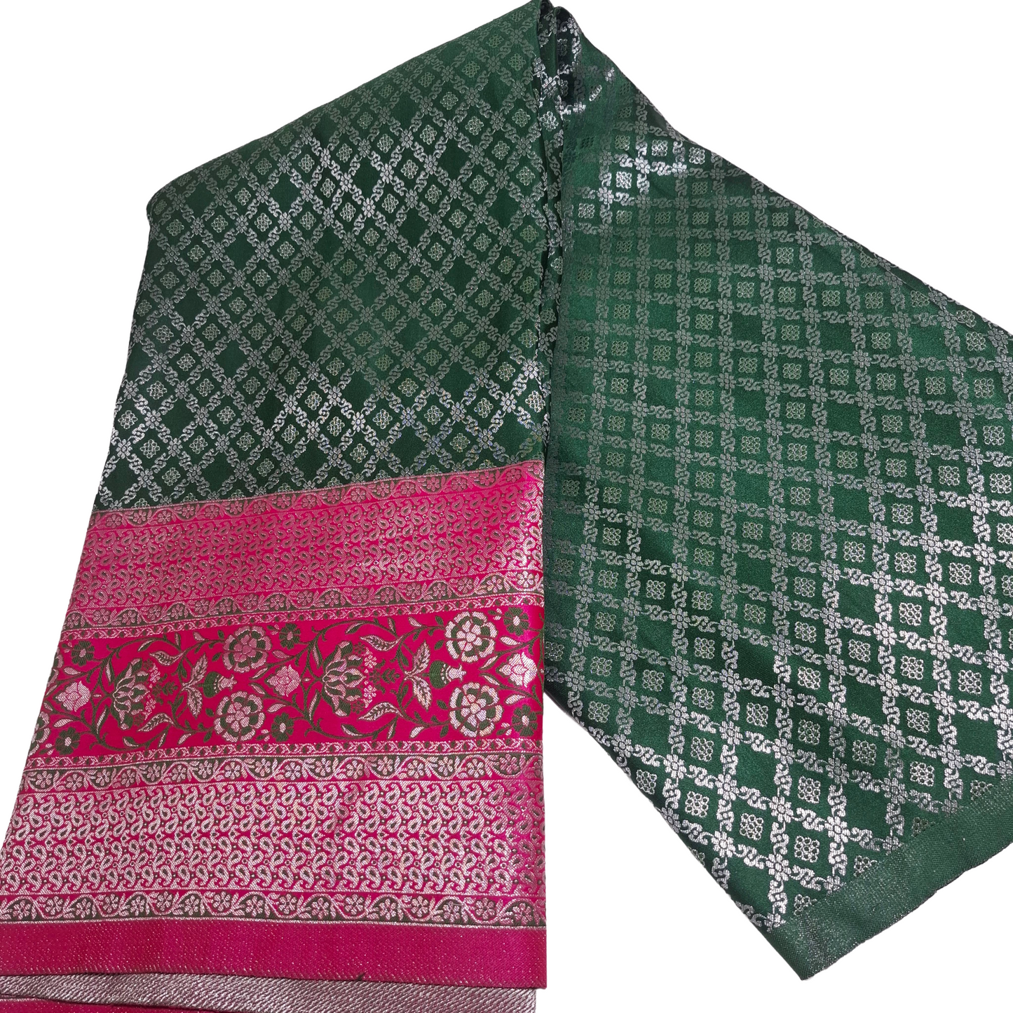 Bottle Green Banarasi Fabric with Pink Border | Premium Banarasi Silk