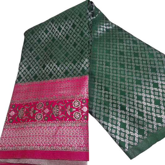 Bottle Green Banarasi Fabric with Pink Border | Premium Banarasi Silk