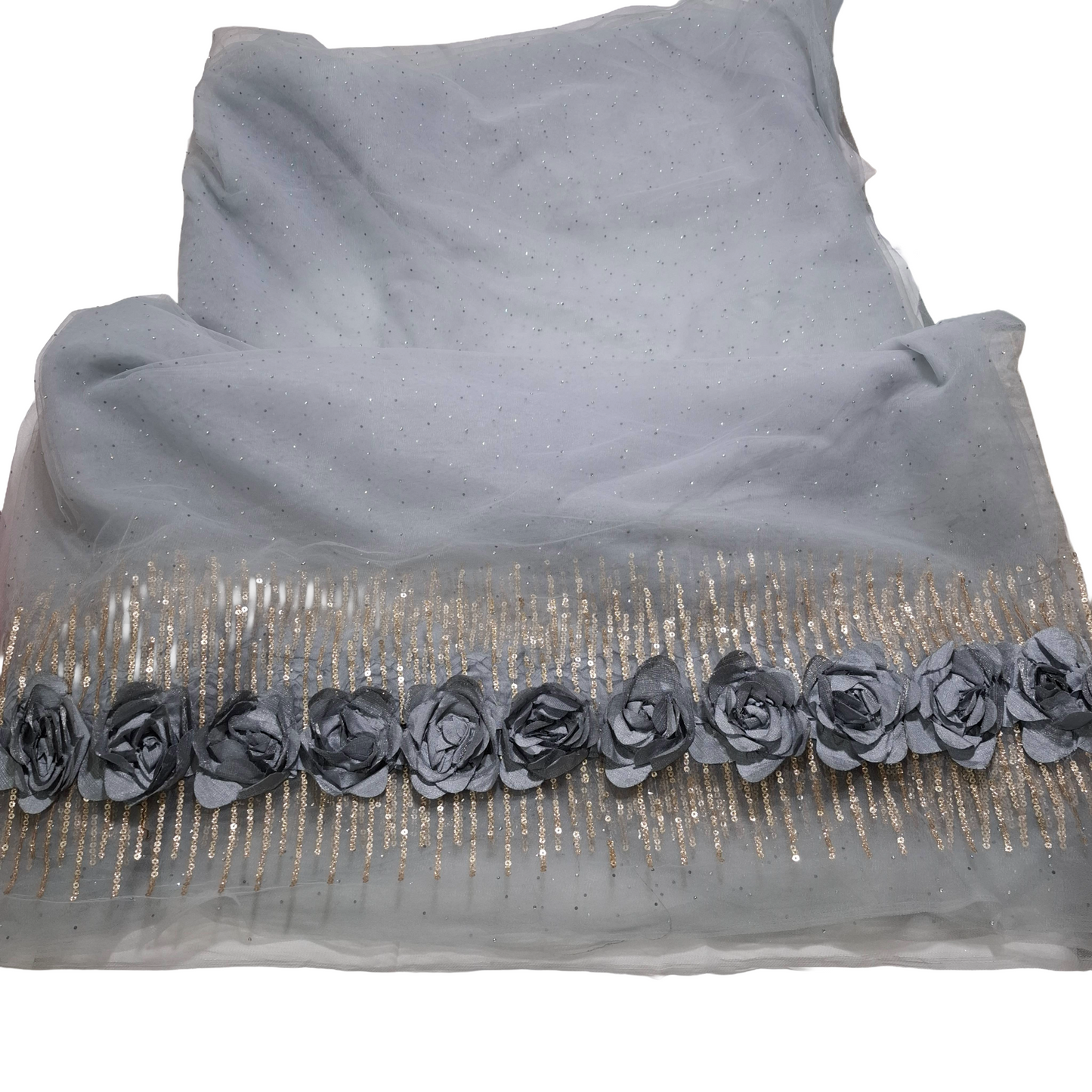 Grey Net Fabric with Stone Work &  Floral Lace Border | Party Wear Fabric