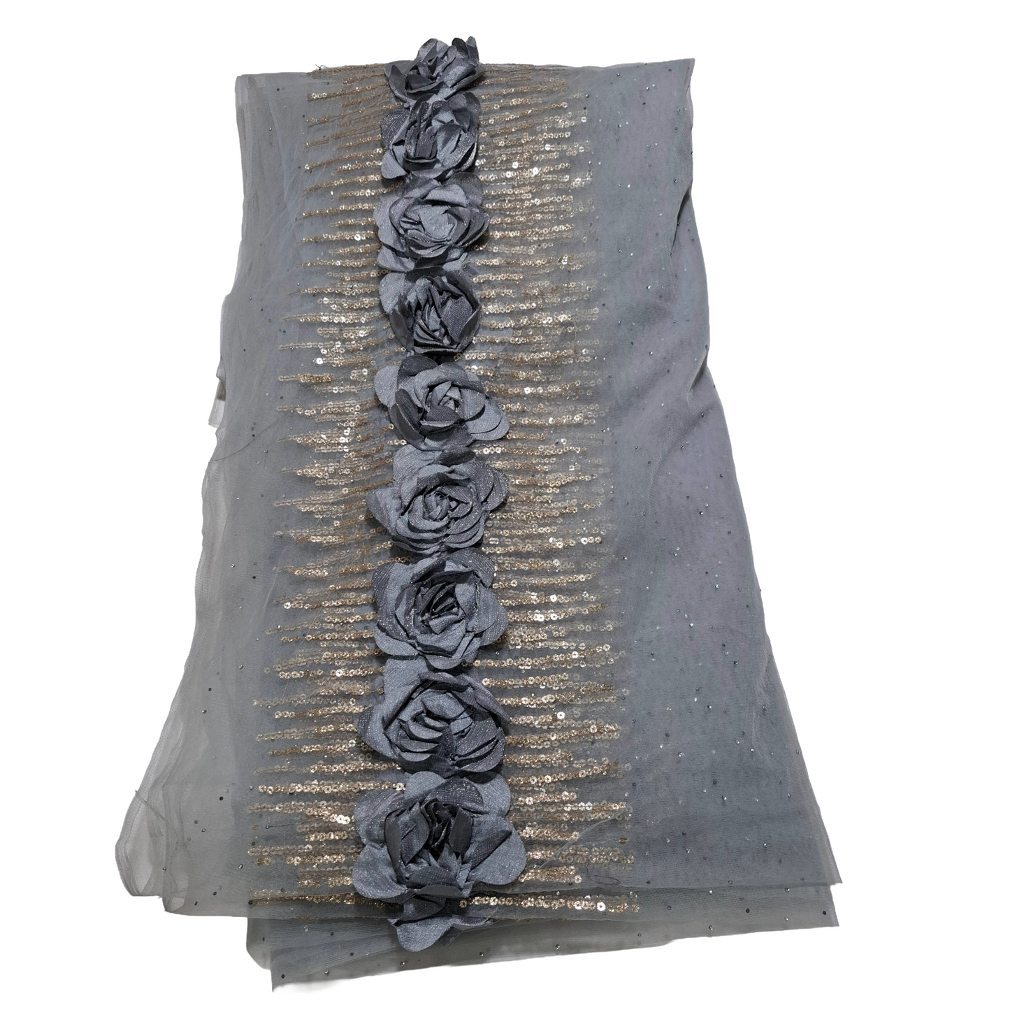 Grey Net Fabric with Stone Work &  Floral Lace Border | Party Wear Fabric