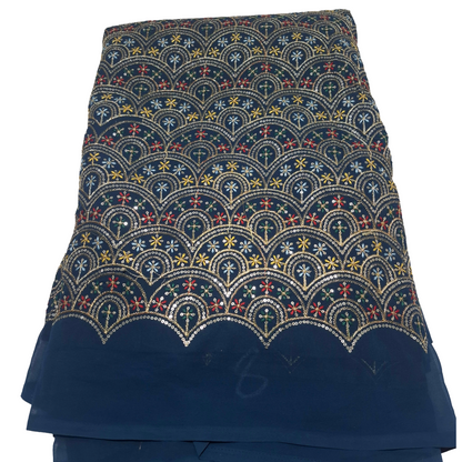 Designer teal blue Georgette Fabric | Multicolour Sequence & Thread Work