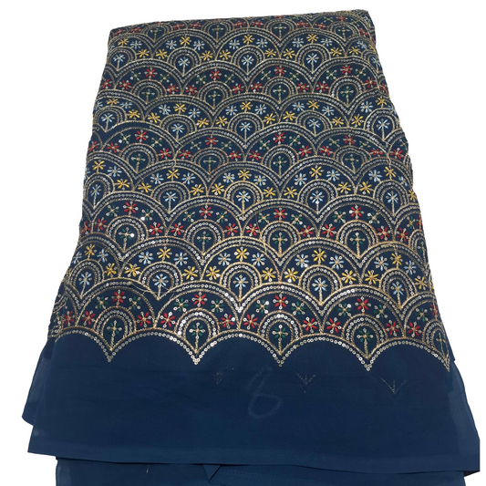 Designer teal blue Georgette Fabric | Multicolour Sequence & Thread Work