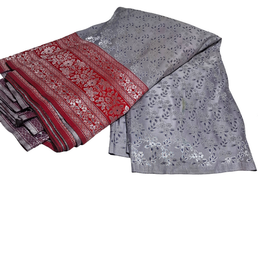 Light Grey Banarasi Fabric with Red Border | Premium Banarasi Silk
