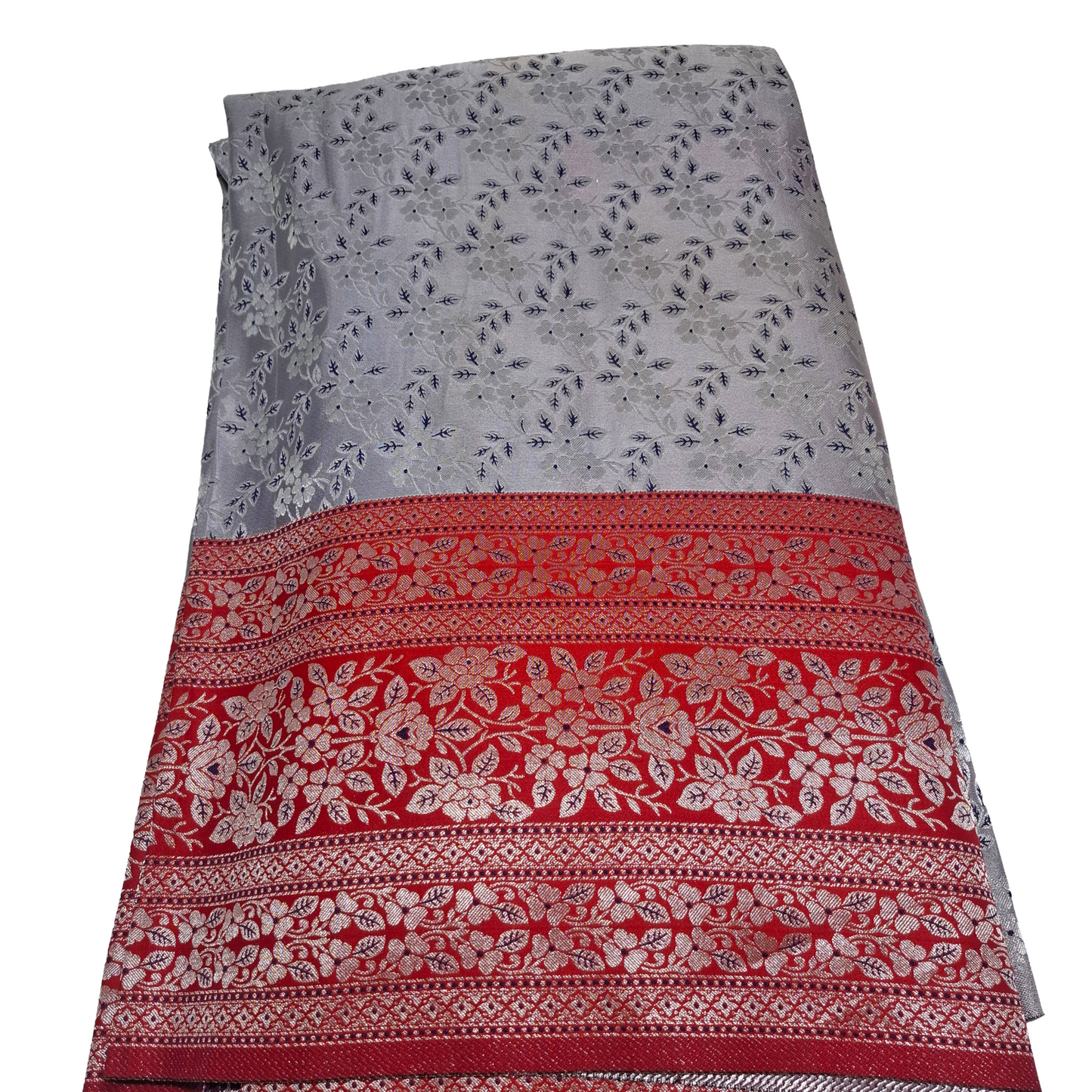 Light Grey Banarasi Fabric with Red Border | Premium Banarasi Silk