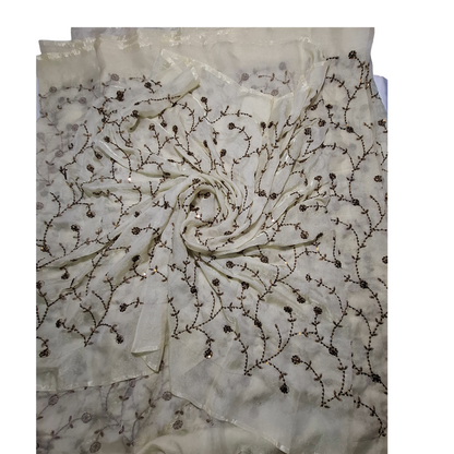 Premium Embroidered N C Simar  Fabric | Light Pastel Cream with Sequins Floral Work