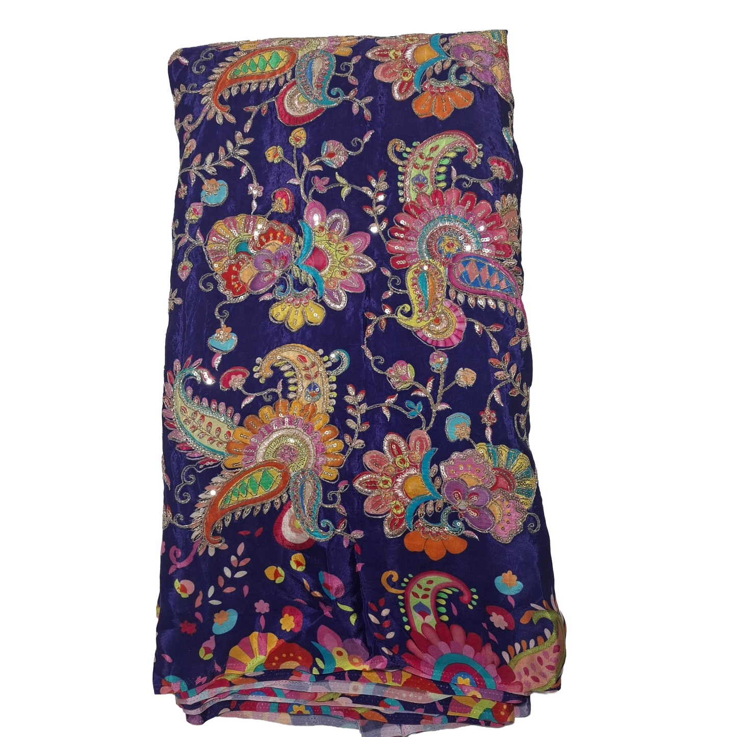 Pure Natural Crepe Fabric – Blue with Multicolor Embroidery & Sequin Work