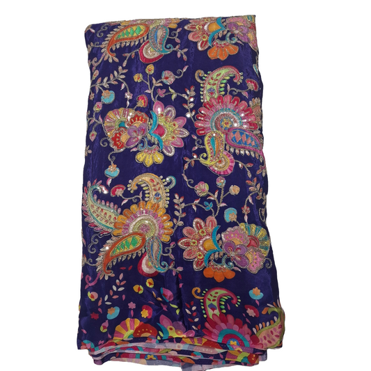 Pure Natural Crepe Fabric – Blue with Multicolor Embroidery & Sequin Work