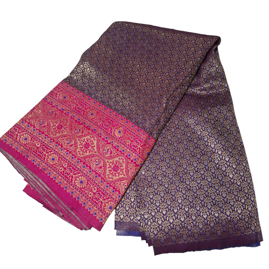 Purple Banarasi Fabric with Hot Pink Border | Premium Banarasi Silk