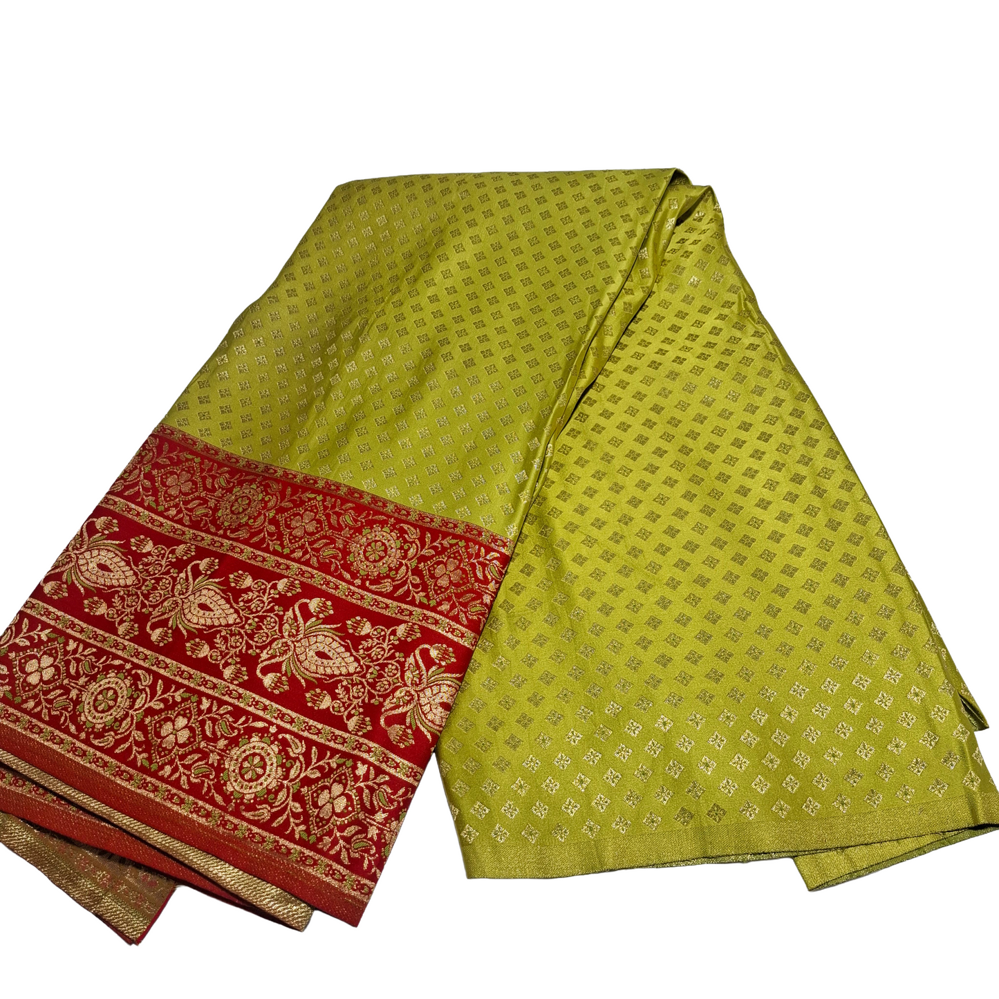 Parrot Green Banarasi Fabric with Red Border | Premium Banarasi Silk