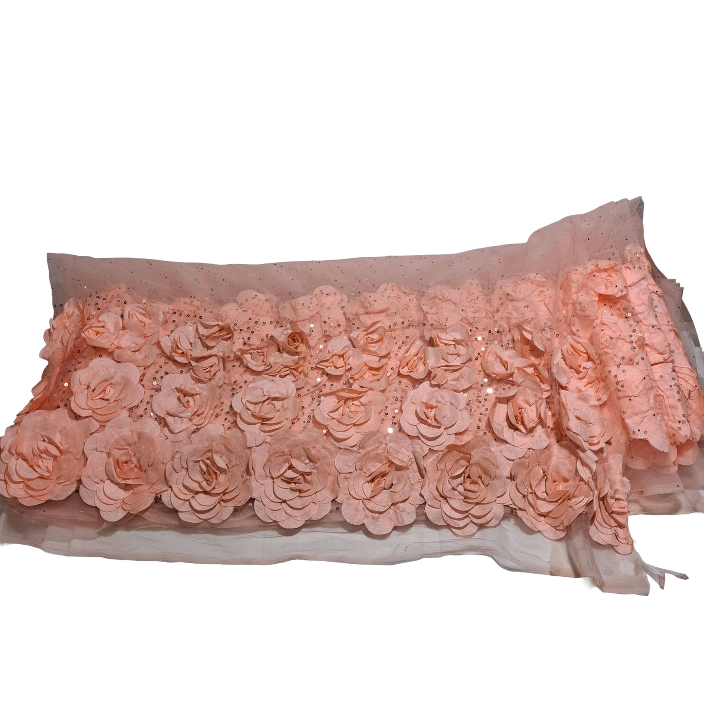 Peach Net Fabric with Stone Work & Floral Lace Border | Party Wear Fabric