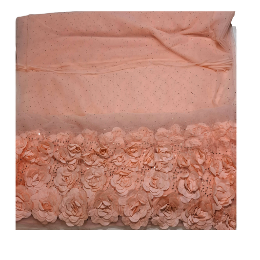 Peach Net Fabric with Stone Work & Floral Lace Border | Party Wear Fabric