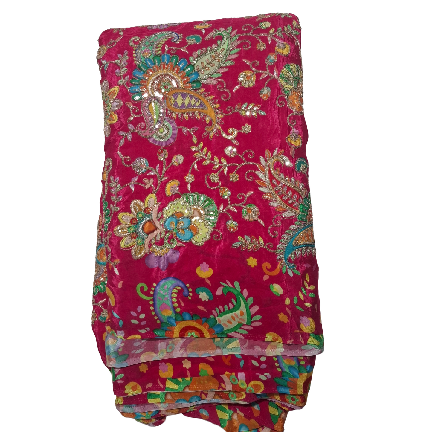 Pure Natural Crepe Fabric – Rani Pink with Multicolor Embroidery & Sequence Work