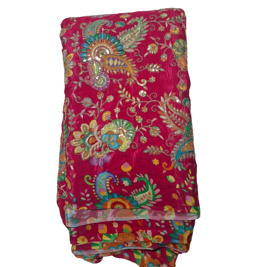 Pure Natural Crepe Fabric – Rani Pink with Multicolor Embroidery & Sequence Work